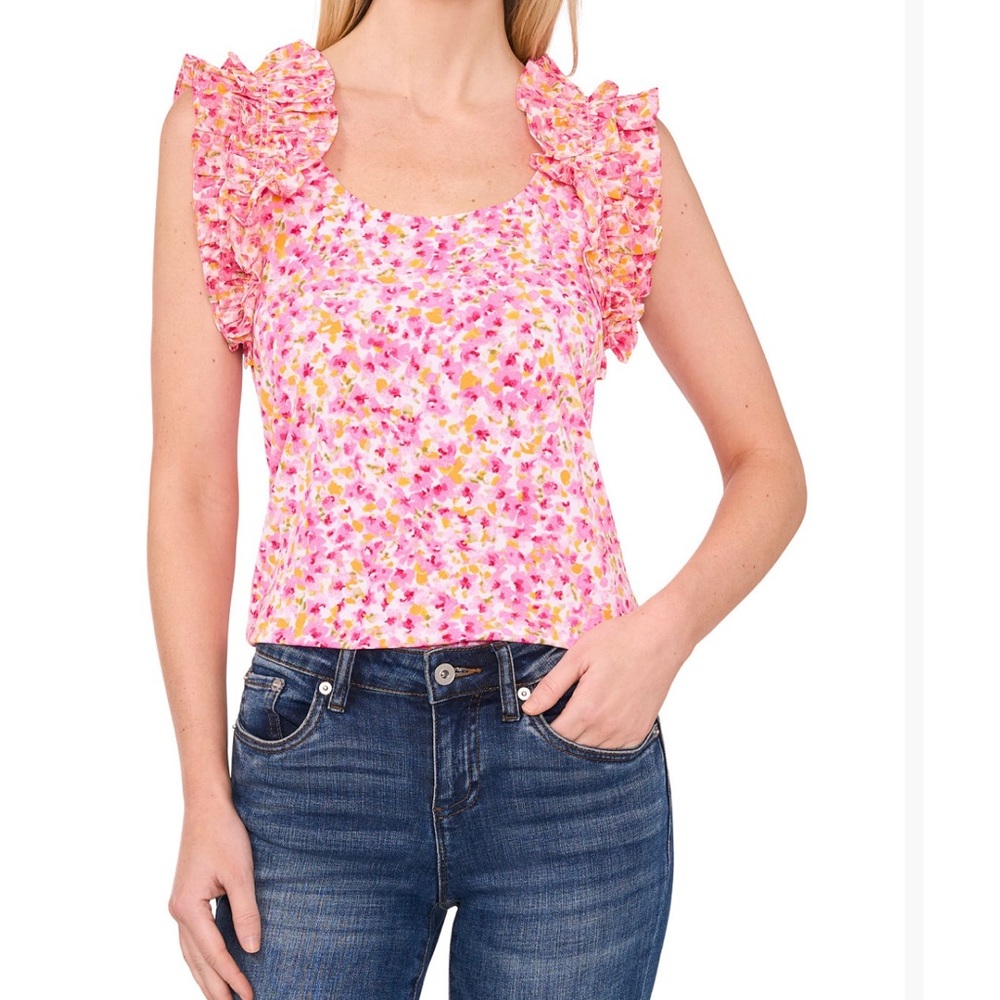 CeCe Pink Floral Ruffle Blouse